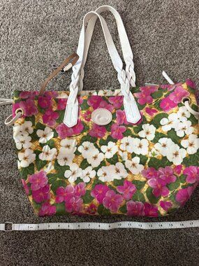 Dooney & Bourke Floral Woven Print Canvas Tote Bag White Braided Leather Handles